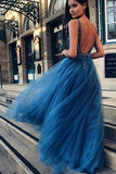 Cheap A Line Tulle Blue V Neck Beaded Long Prom Dress OKH24