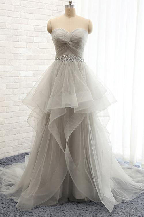Sweetheart Strapless Long Tulle A Line Wedding Dress with Beading OK562