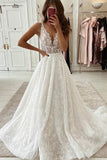 A-line V-Neck Ivory Pleated Lace Cheap Wedding Dress Bridal Gown OKU89