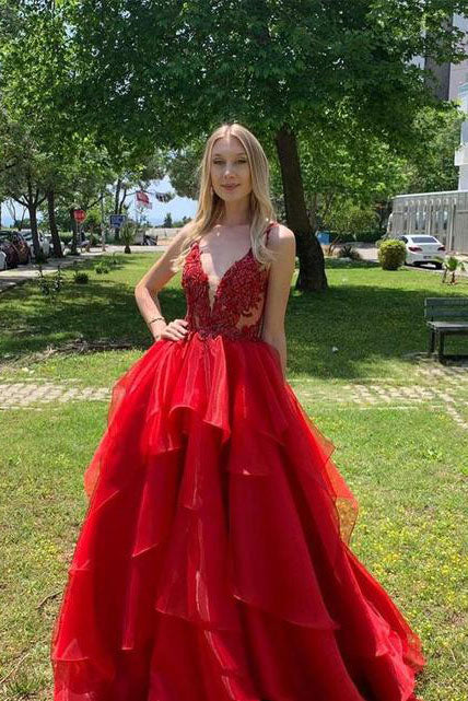 Red A-line Long Prom Dress Formal Dress Evening Dress Dance Dress School Party Gown OKX58
