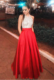 Pretty Open Back Long Beading Satin Red Halter Prom Dress OKH20