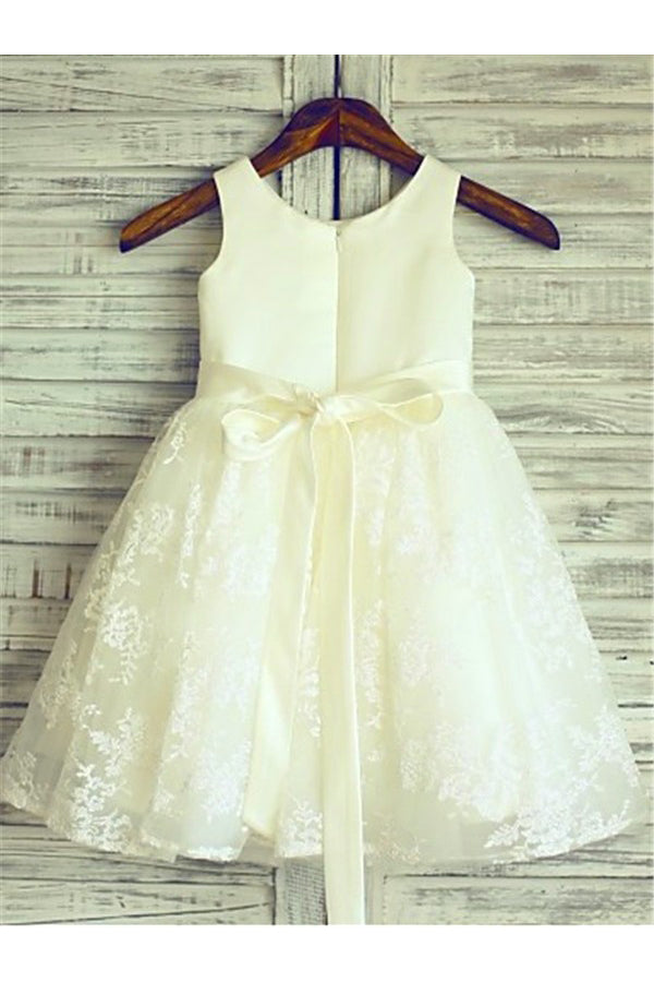 Ivory A-line Scoop Lace Sleeveless Floor-Length Beading Flower Girl Dress OK717