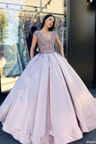 Lovely Ball Gown V Neck Lavender Long Prom Dress with Beaded OKF62