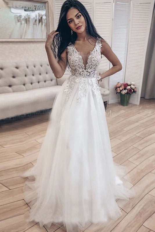 V-neck Appliques Illusion Long Bride Dress A-line Tulle Backless Beach Wedding Gowns OKW11