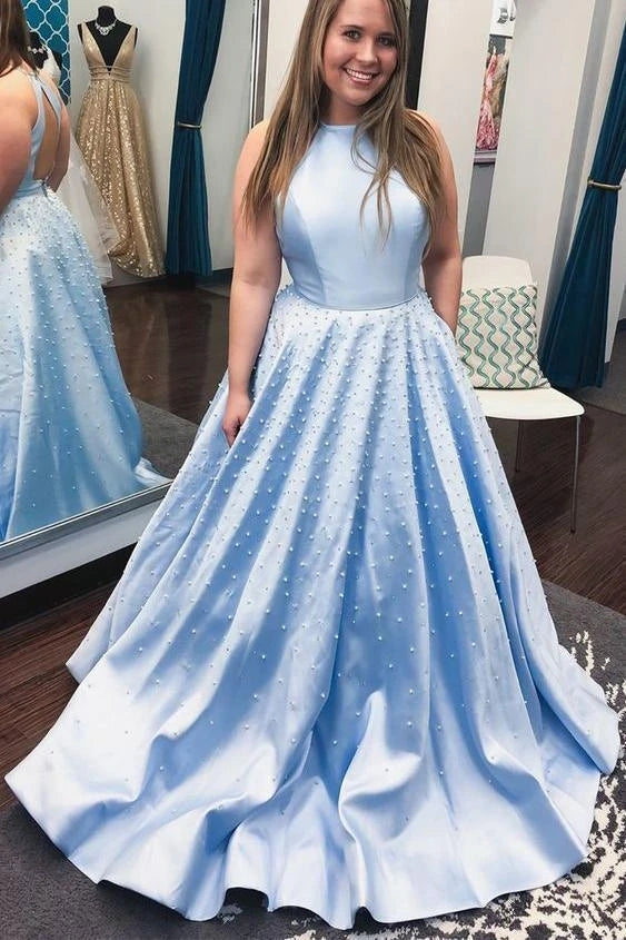Light Blue Jewel Open Back Long Prom Dress with Pearls A-line Sleeveless Formal Dress OKU15
