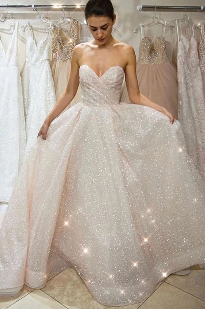 Glitter A-line Wedding Dress For Bride Sweetheart Long Sparkly Bridal Gowns OKW39