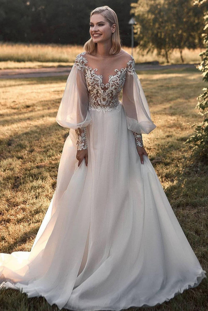 A-line Long Sleeve Lace Appliques Tulle Sheer Neck Wedding Dress OKV24