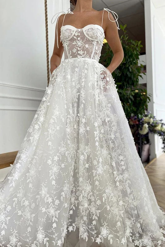 Gorgeous Off White Sweetheart Lace Prom Dress A-line Spagetti Straps Long Evening Dress OKW56