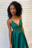 Emerald Spaghetti Straps Lace Appliques A Line Prom Dress OKU37