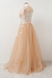 A Line Round Neck Tulle Long Prom Dress with Lace Appliques OKU29