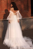 Off The Shoulder A Line Tulle Beach Wedding Dresses Sweetheart Puffy Sleeves Corset Princess Wedding Gown OKW15