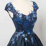Charming Dark Navy Cap Sleeves A Line Long Prom Gowns with Appliques OKU28