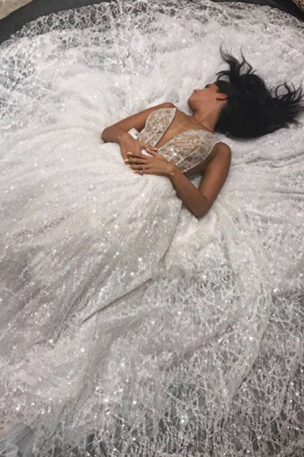 A-line Spaghetti Straps Floor-Length Lace Sequins Wedding Dress OKR18