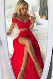 Red Two Pieces Chiffon Long Prom Dresses,Sexy Split Evening Dress OK753