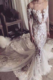 White Wedding Dress,Lace Wedding Dresses,Appliques Wedding Dresses,Long Sleeves Wedding Dresses,Mermaid Wedding Gown,Tulle Wedding Dress