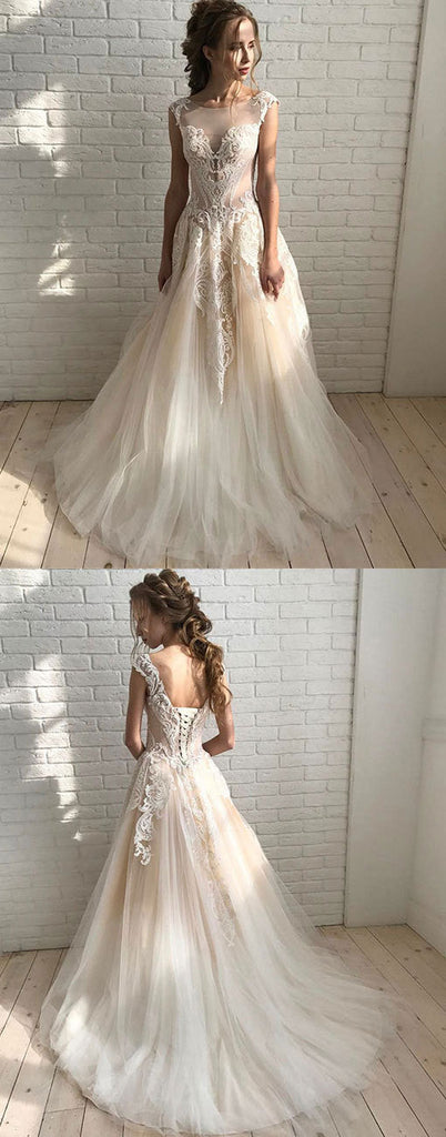 Elegant A Line Tulle Lace Long Prom Dress Unique Wedding Dress OKE32
