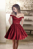 Cute Off Shoulder A line Beaded Satin Burgundy Short Homecoming Dress,Sweet 16 Dress OK234