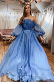 Blue Organza Long Sleeves Strapless Prom Dress A Line Long Evening Dress OK1174