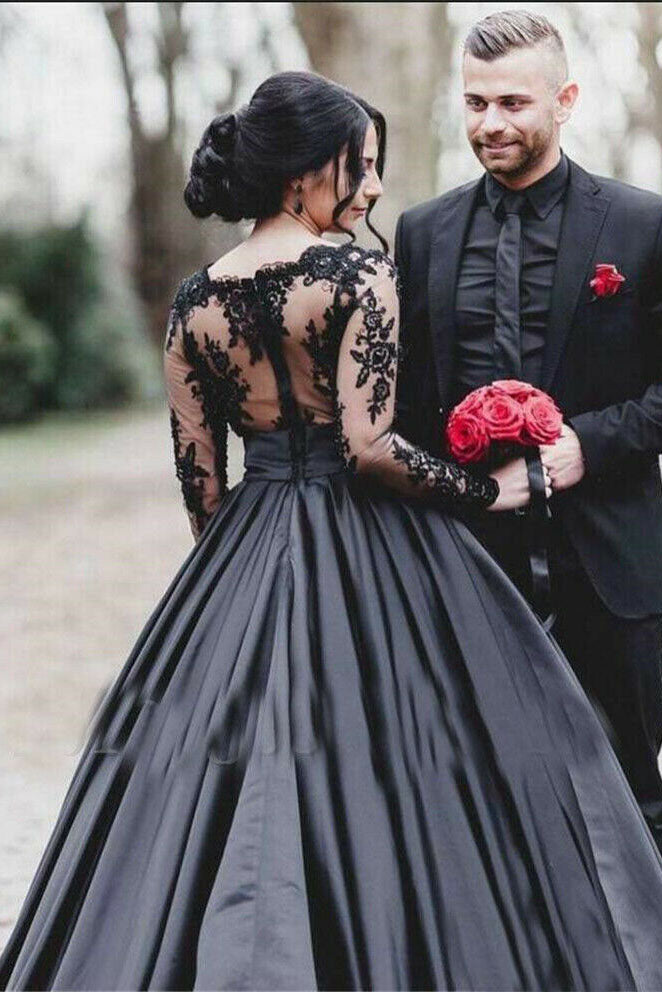 Black Gothic A-line Lace Appliqued Long Sleeves Prom Dress OKW61