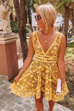 A-line Lace Short Prom Dress Unique Yellow Homecoming Dress OKU50