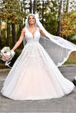 Elegant Wedding Dresses,A-line Wedding Dress,Long Wedding Gown,V-neck Bridal Dress,Lace Wedding Dress,Appliques Wedding Dress