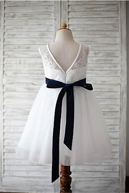 A-line V-neck Sleeveless Appliques Flower Floor-Length Tulle Flower Girl Dress OK720