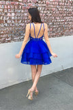 Cute A-line Lace Top Organza Skirt Royal Blue Tiered Short Homecoming Dress OKB73