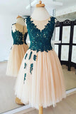 See Through A Line Short Lace Top Appliques Tulle Cheap Homecoming Dress OKB62