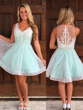 A-line V-neck White Fishing Net Lace Appliques Short Homecoming Dress OKB74