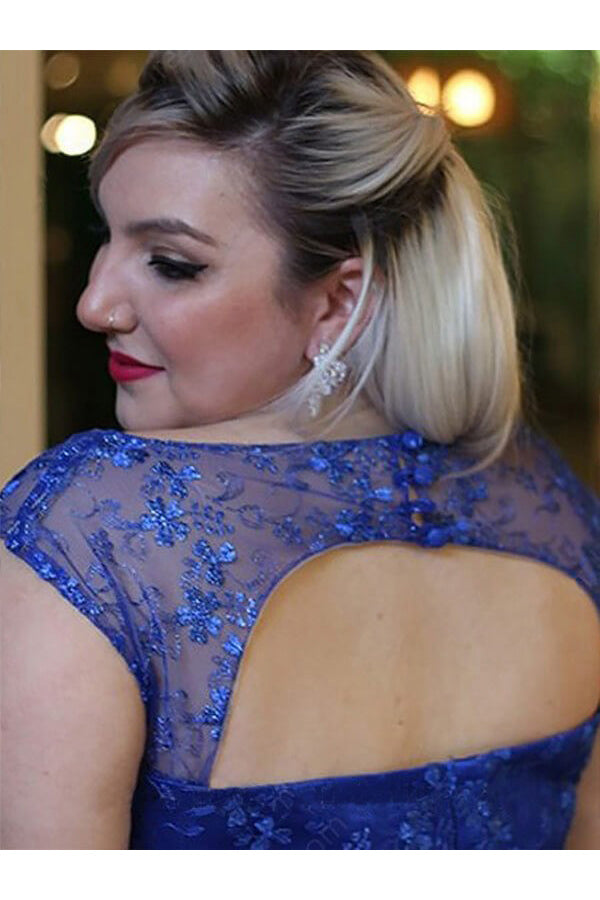 Royal Blue Chiffon A Line Sleeveless Long Plus Size Prom Dresses With Lace OK666