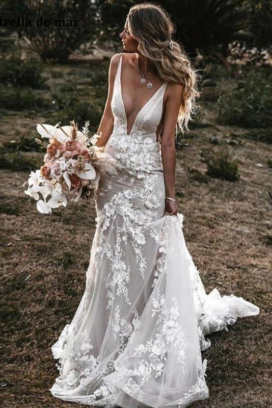 Mermaid Deep V Neck Backless Wedding Dress Tulle Bridal Gown Appliqued Lace OKV55