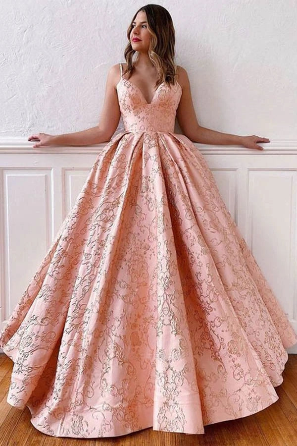 Ball Gown Spaghetti Straps Cross Back Blush Pink Long Prom Dress OKT97