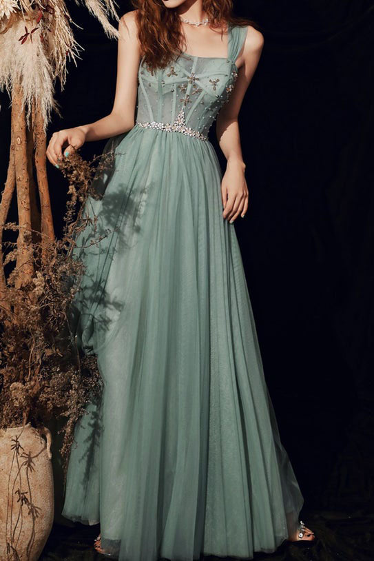 Green Spaghetti Straps Prom Dress Fairy Evening Party Dress Lace-up Slleveless Prom Gown OKW78