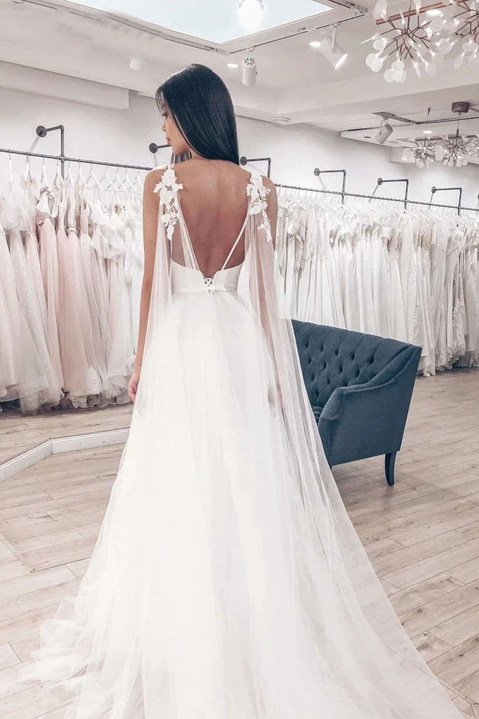 Tulle A-line Wedding Dress V-Neck Spaghetti Straps Lace Applique Chapel Train Bridal Dress OKW20