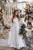 A-line Lace Long Sleeves Wedding Dress Long Pregnant Women Maxi Gown OKV30
