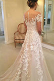 Gorgeous Tulle Wedding Dress Lace Applique A-line Bridal Dress Short Sleeve OKW27