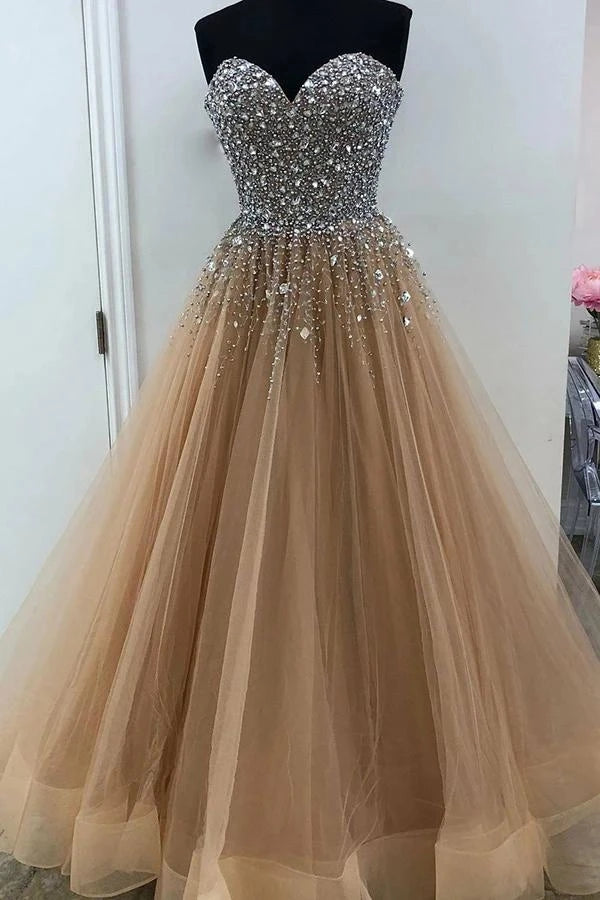 Sweetheart Floor Length Beading Prom Dress Glitter Gold Long Formal Dress OKU22