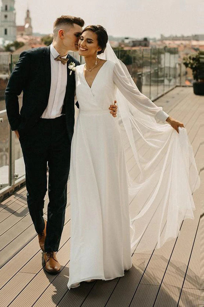 Simple A-line Chiffon Wedding Dress V Neck Long Sleeves Bohemian Bridal Dress OKV58