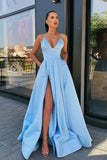 Sky Blue Long V-neck Spaghetti Straps Prom Dress Simple Satin Women Prom Gown With High Slit OKV71