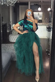 High Slit Tulle Puffy A-line Prom Dress Forest Green Long Ruffles Party Gown OKW47