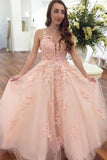 Elegant Pink Ball Gown Prom Dress With Lace Appliques OKO90