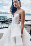 V Neck Lace Top Spaghetti Straps Wedding Dress Elegant Ruffles Bridal Dress OKX55
