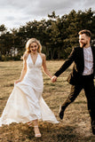 Sheath V-Neck Sweep Train Ivory Simple Wedding Dresses Bridal Gown OKL11