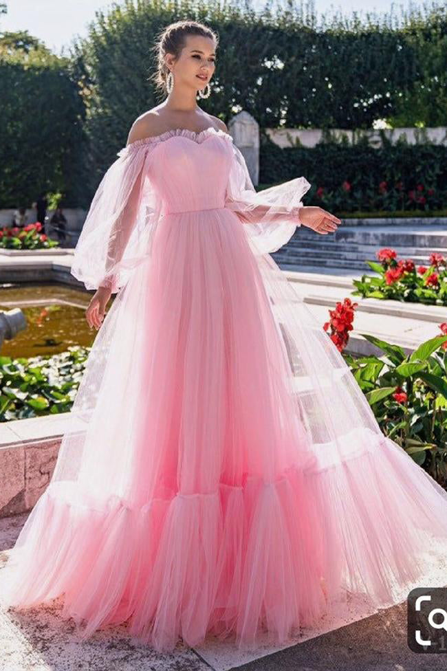 Pink A-line Off Shoulder Tulle Long Sleeves Prom Dress OKV81