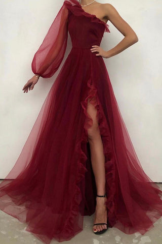 Burgundy One Shoulder Tulle Prom Dress A Line Long Evening Dresses OK1125