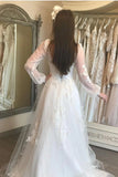 A-line V-Neck Lantern Sleeve Lace Appliques Wedding Lace Up Back Formal Bride Gowns OKV35
