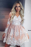 A-Line V-neck Long Sleeves Short Pink Homecoming Dresses with Appliques OKM19