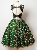 A Line V Neck Sleeveless Green Tulle Flower Lace Homecoming Dress OKD93