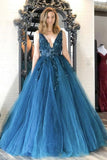 Ball Gown V Neck Teal Tulle Long Prom Dress with Appliques Quinceanera Dress Girls Junior Graduation Gown OKU18