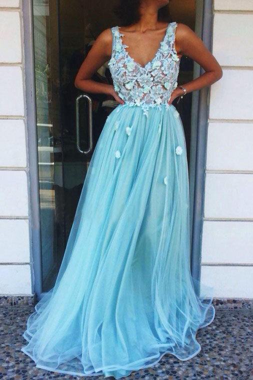 A-line V-Neck Floor-Length Tulle Long Prom Dress with Appliques OKQ96
